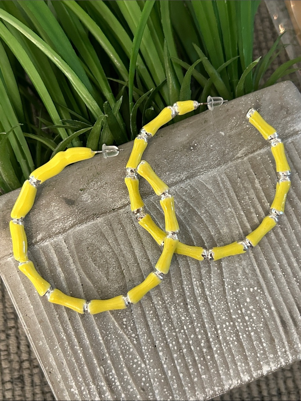 ❌last day❌ Yellow Bamboo-Style enamel Hoop Earrings silvertone accents